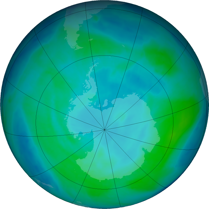 Antarctic ozone map for 25 January 2016